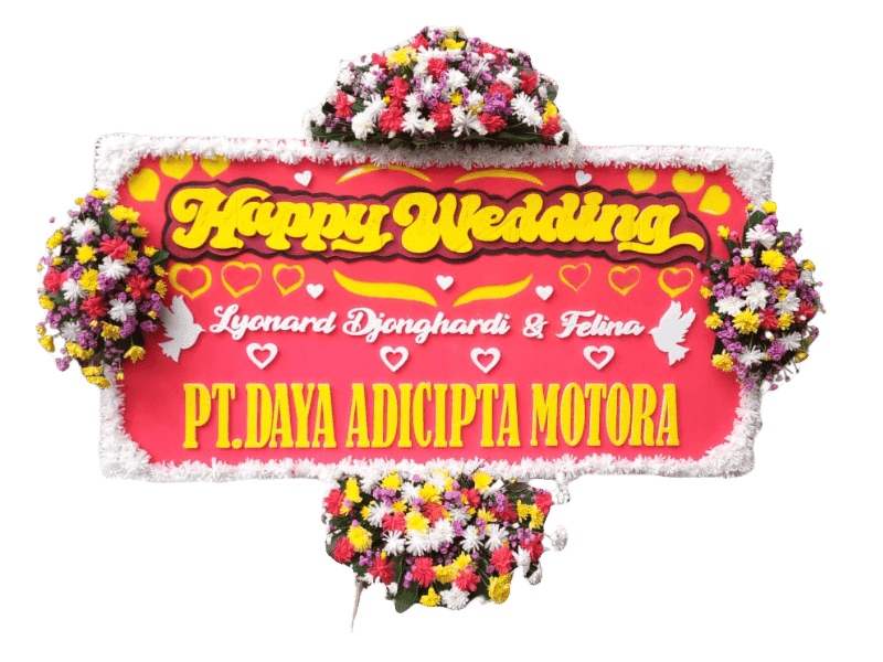 Papan Bunga Pernikahan Ceria dengan Warna Merah dan Hiasan Beragam Bunga - Wedding